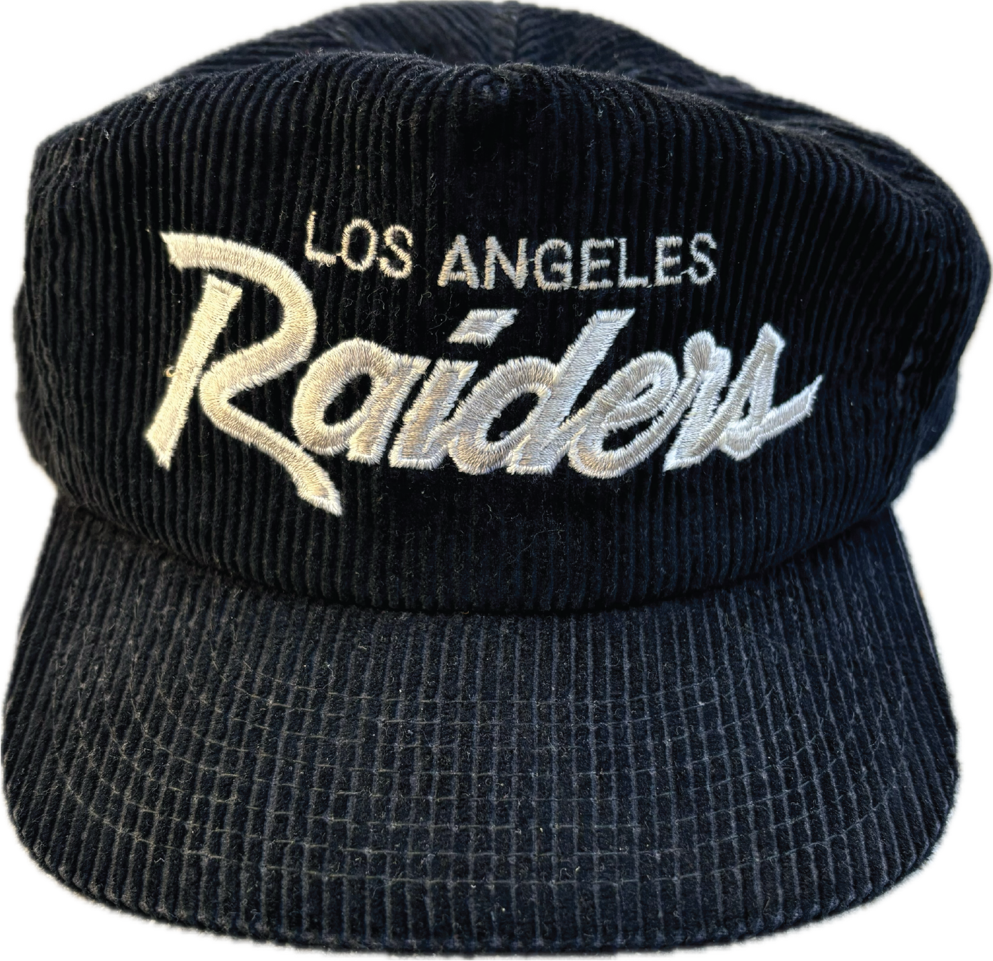 90s Sports Specialties "Los Angeles Raiders" 2-Tone Script Corduroy Strap-back Hat