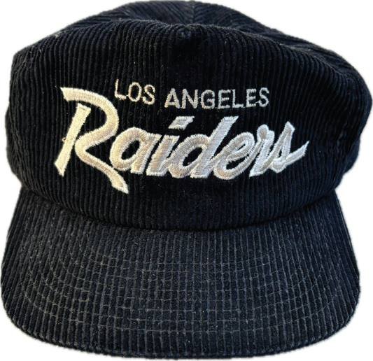 90s Sports Specialties "Los Angeles Raiders" 2-Tone Script Corduroy Strap-back Hat